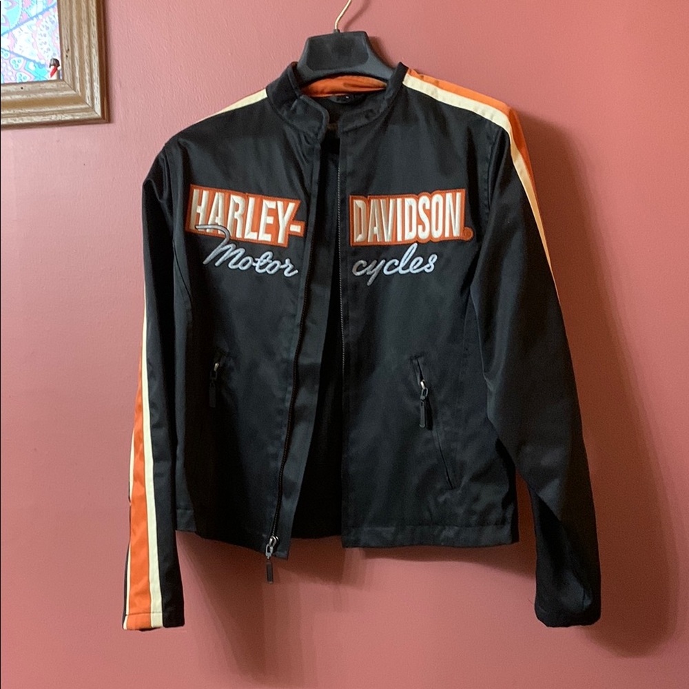 Harley-Davidson Black and Orange Bomber Jacket with Racing Stripes